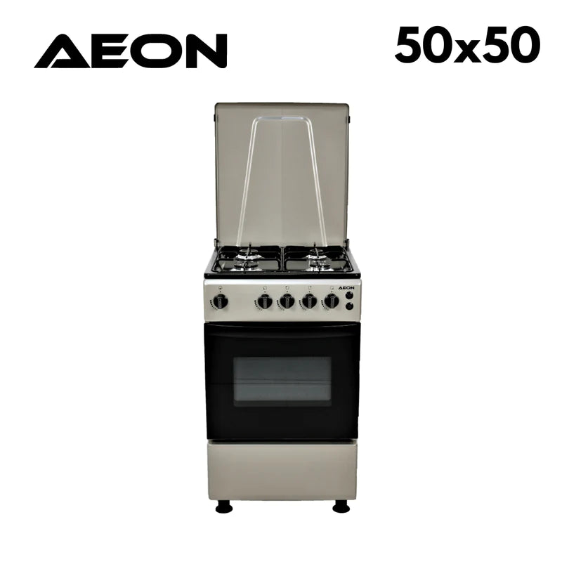 AEON GAS COOKER/50x50/4 GAS/BLACK HOB/SILVER